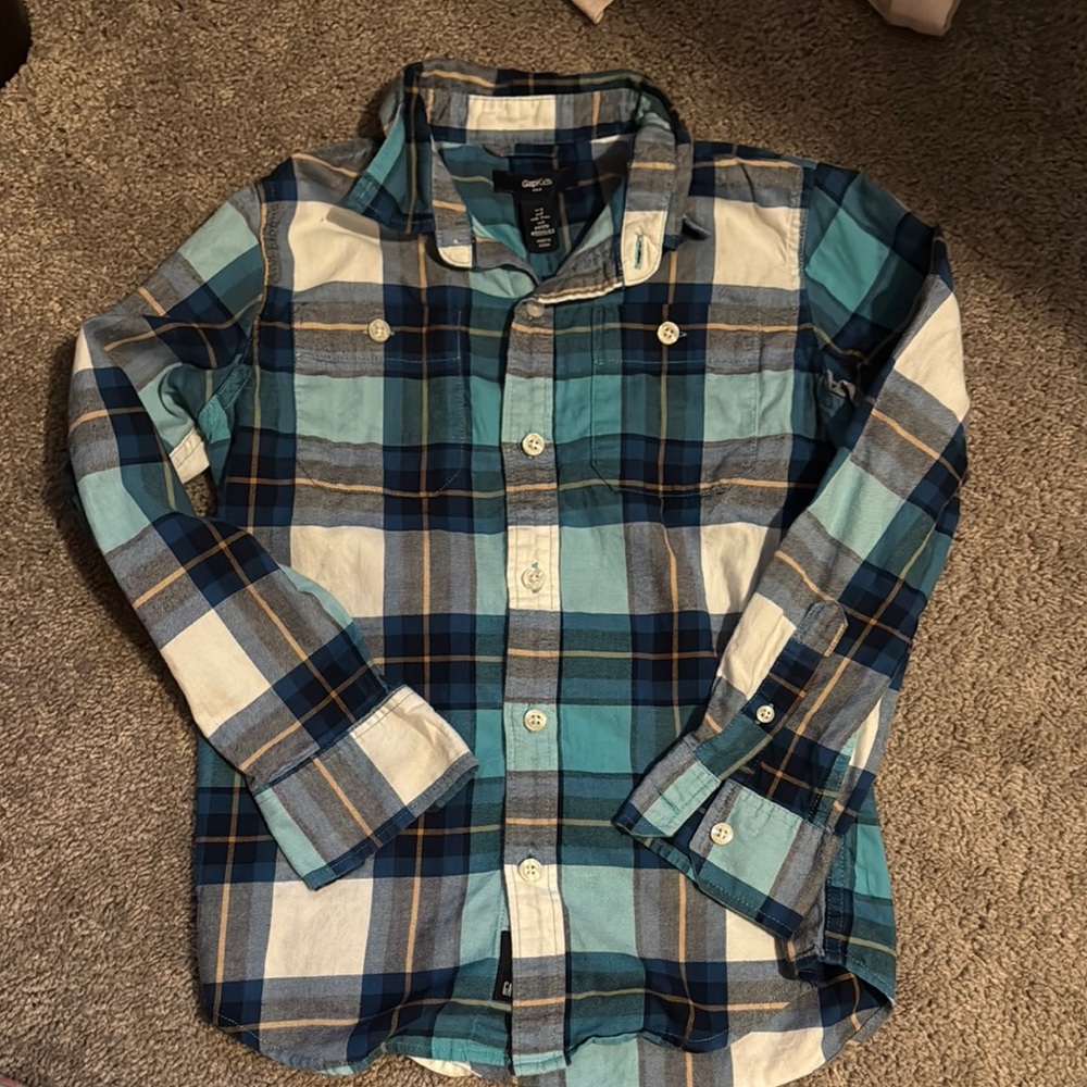 GAP Blue and White Button Down Shirt with Classic Tartan Pattern